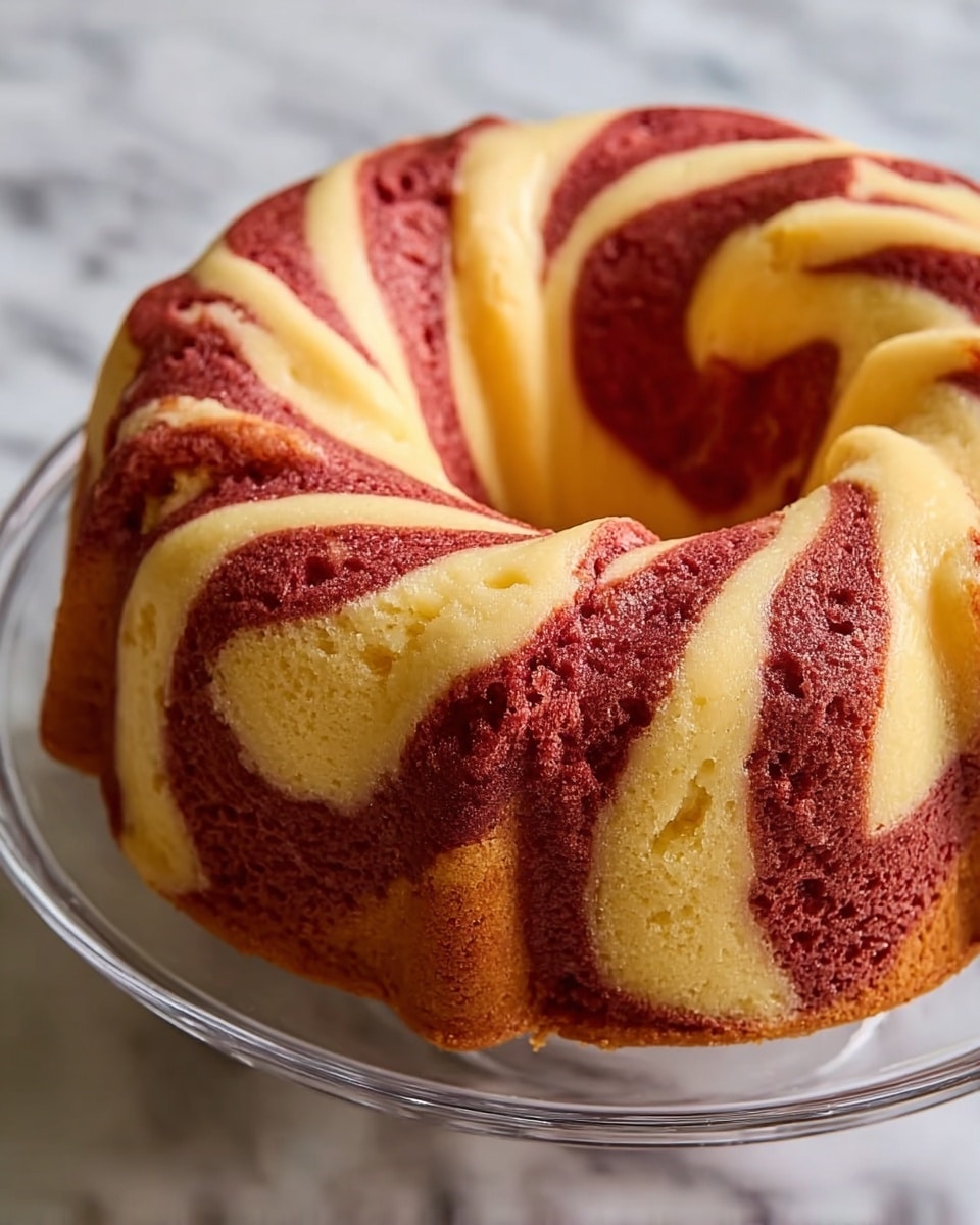 The image shows a round bundt cake with two main layers swirled together: one layer is rich red with a soft, spongy texture and the other is creamy yellow with a smooth, slightly glossy finish. The cake has a ring shape with a hollow center, and the two colors twist and blend in a marbled pattern all around the cake. It sits on a clear glass cake stand placed on a white marbled texture surface. The edges of the cake show a slight golden brown crust, adding a contrasting rough texture to the otherwise smooth swirl of cake. photo taken with an iphone --ar 4:5 --v 7