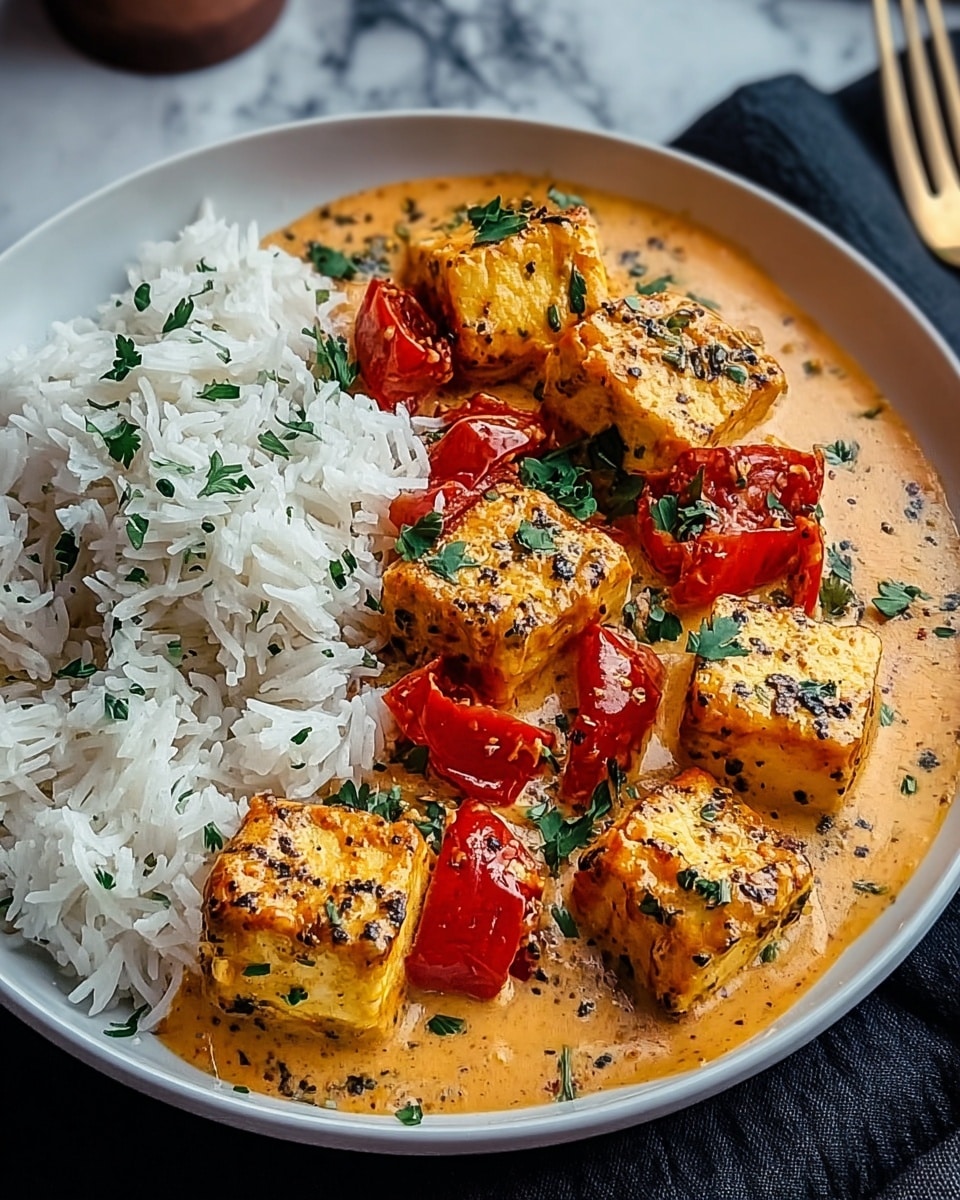 A white bowl shows a dish with two main parts: on the right, a pile of white rice with some green herb leaves scattered on top, and on the left, several grilled golden-brown chicken pieces covered in a creamy orange sauce with black seeds and herbs mixed in. The chicken pieces are partly browned and appear soft, while fresh green herb leaves are sprinkled over the sauce and chicken, adding color contrast. The bowl sits on a white marbled texture with a shiny metal fork beside it. photo taken with an iphone --ar 4:5 --v 7