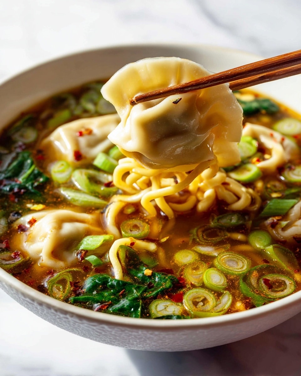A close-up view of a white bowl filled with clear brown broth with floating green onion slices, leafy greens, and yellow noodles, topped with soft, folded dumplings that have slightly translucent skins with a touch of red chili flakes. A woman's hand holding wooden chopsticks lifts one dumpling above the bowl, showing its smooth, silky texture. The background is a white marbled surface, and the lighting highlights the steam and freshness of the dish. photo taken with an iphone --ar 4:5 --v 7