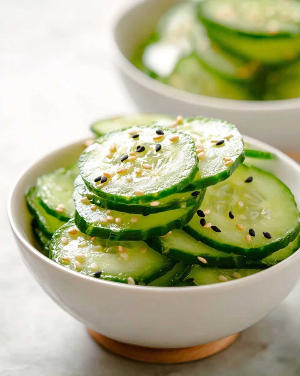A white bowl is filled with thinly sliced cucumber rounds, stacked in a loose pile showing their bright green skin edges and pale green centers with a shiny, moist texture. The cucumber slices are sprinkled evenly with small black and beige sesame seeds, adding fine detail and contrast. In the blurry background, there is a second white bowl with similar cucumber slices, all placed on a white marbled texture. photo taken with an iphone --ar 4:5 --v 7