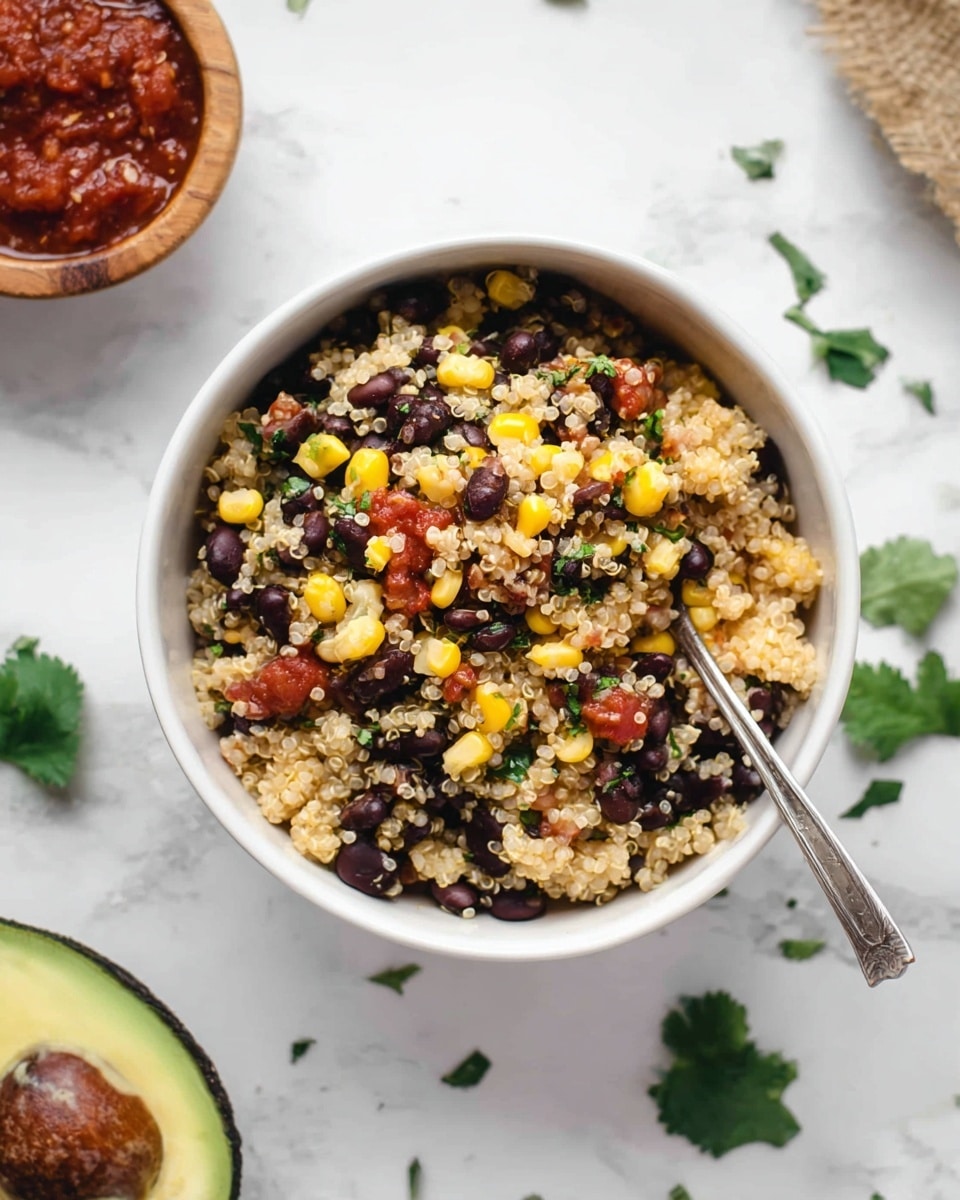 A white bowl filled with a mixed dish showing three main layers: soft, cooked quinoa at the base with its small light grains, a middle layer of black beans that are round, shiny, and dark, and a top layer of bright yellow corn kernels. There are small pieces of red tomato and green herbs mixed throughout, adding extra color. A silver fork is resting partly inside the bowl. Around the bowl on a white marbled texture surface are scattered green leaves, an avocado half, and a small wooden bowl with red salsa. Photo taken with an iphone --ar 4:5 --v 7