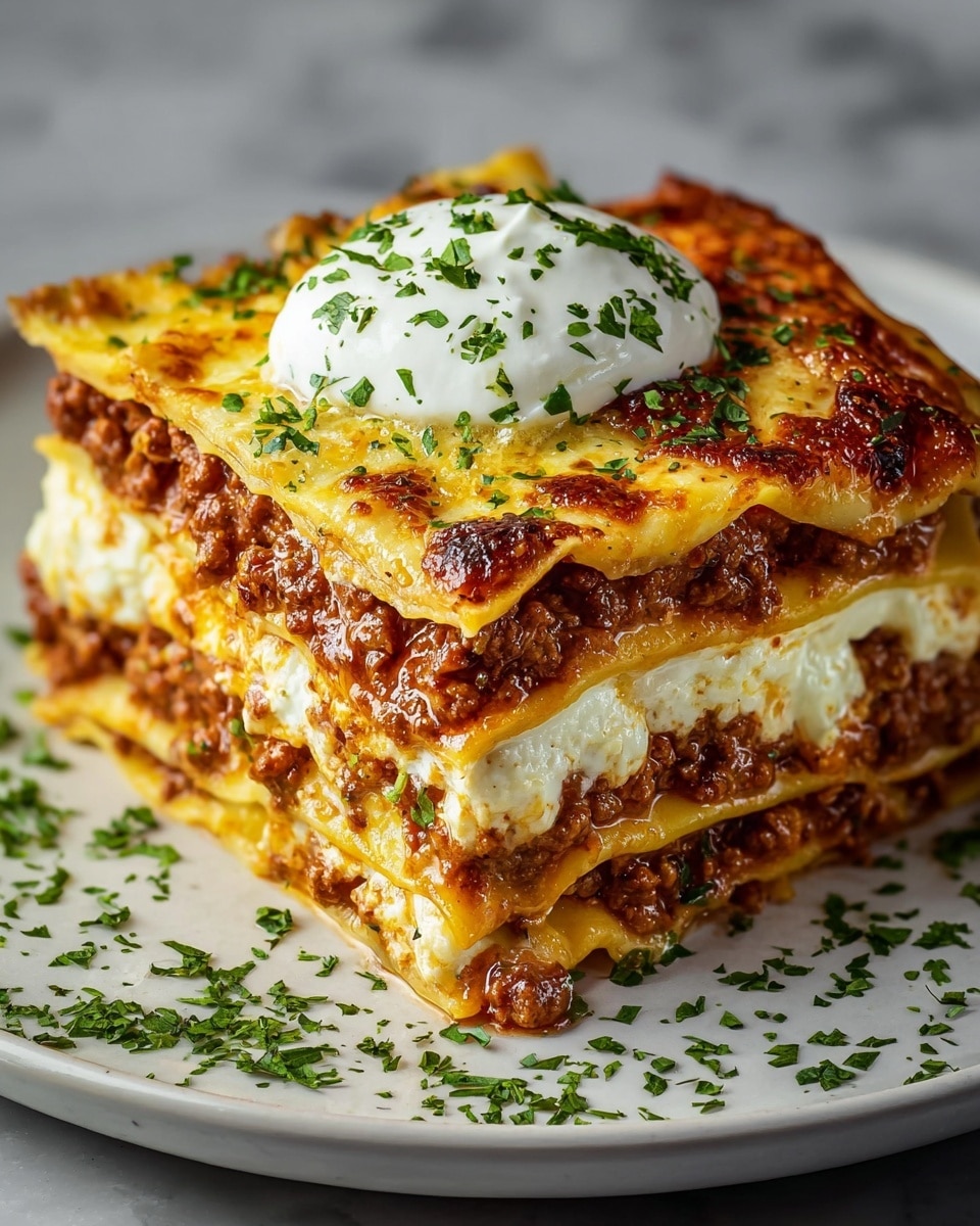 A tall lasagna with five layers is shown on a white plate. The bottom layer is flat pasta with a light yellow color, topped by a thick layer of white creamy cheese with a slightly soft texture. Above this is a rich, brown minced meat sauce layer with a moist, crumbly texture. The pattern repeats for the next two layers: pasta sheet, creamy cheese, then minced meat sauce. The top pasta layer is golden brown with bubbly, melted cheese that has some crispy, darker spots. A dollop of smooth white cream sits on top, sprinkled with finely chopped fresh green herbs spread across the lasagna and plate edges. The plate rests on a white marbled surface. photo taken with an iphone --ar 4:5 --v 7