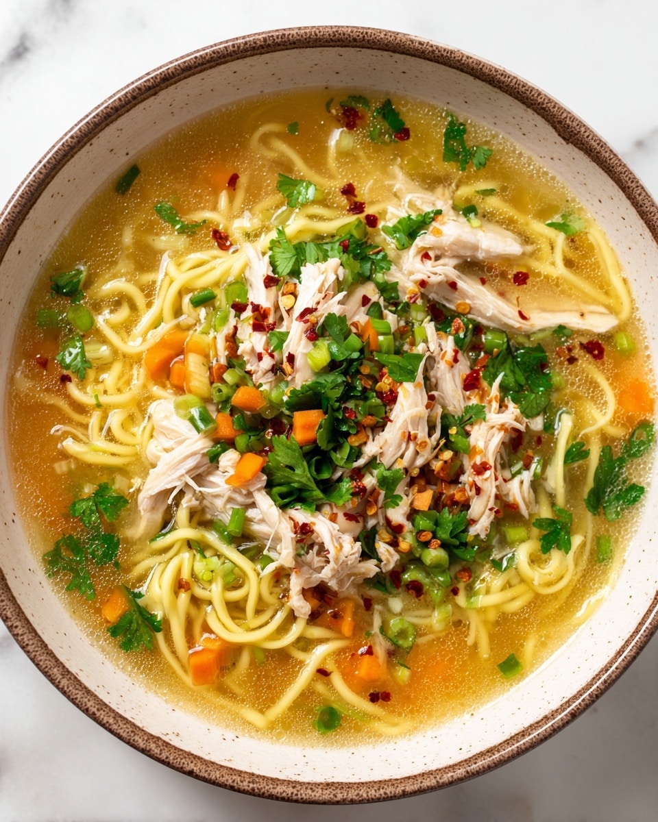 A bowl of chicken noodle soup with a textured brown rim is filled with a clear golden broth. At the bottom, there are bright yellow noodles submerged in the broth. On top of the noodles are several pieces of shredded white chicken meat. Scattered around are small diced orange carrots and chopped green onions, adding spots of color. Fresh green cilantro leaves are spread over the chicken, and small red chili flakes are sprinkled throughout, giving a hint of spice. The bowl sits on a white marbled surface. photo taken with an iphone --ar 4:5 --v 7