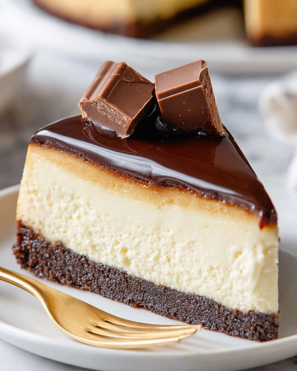 A slice of cheesecake is shown on a white plate with a gold fork next to it. The dessert has three layers: a dense dark brown crumb crust at the bottom, a thick creamy off-white middle layer with a smooth texture, and a shiny dark chocolate glaze covering the top. On the top are two small pieces of chocolate placed slightly askew. The background is a white marbled texture, softly blurred. photo taken with an iphone --ar 4:5 --v 7