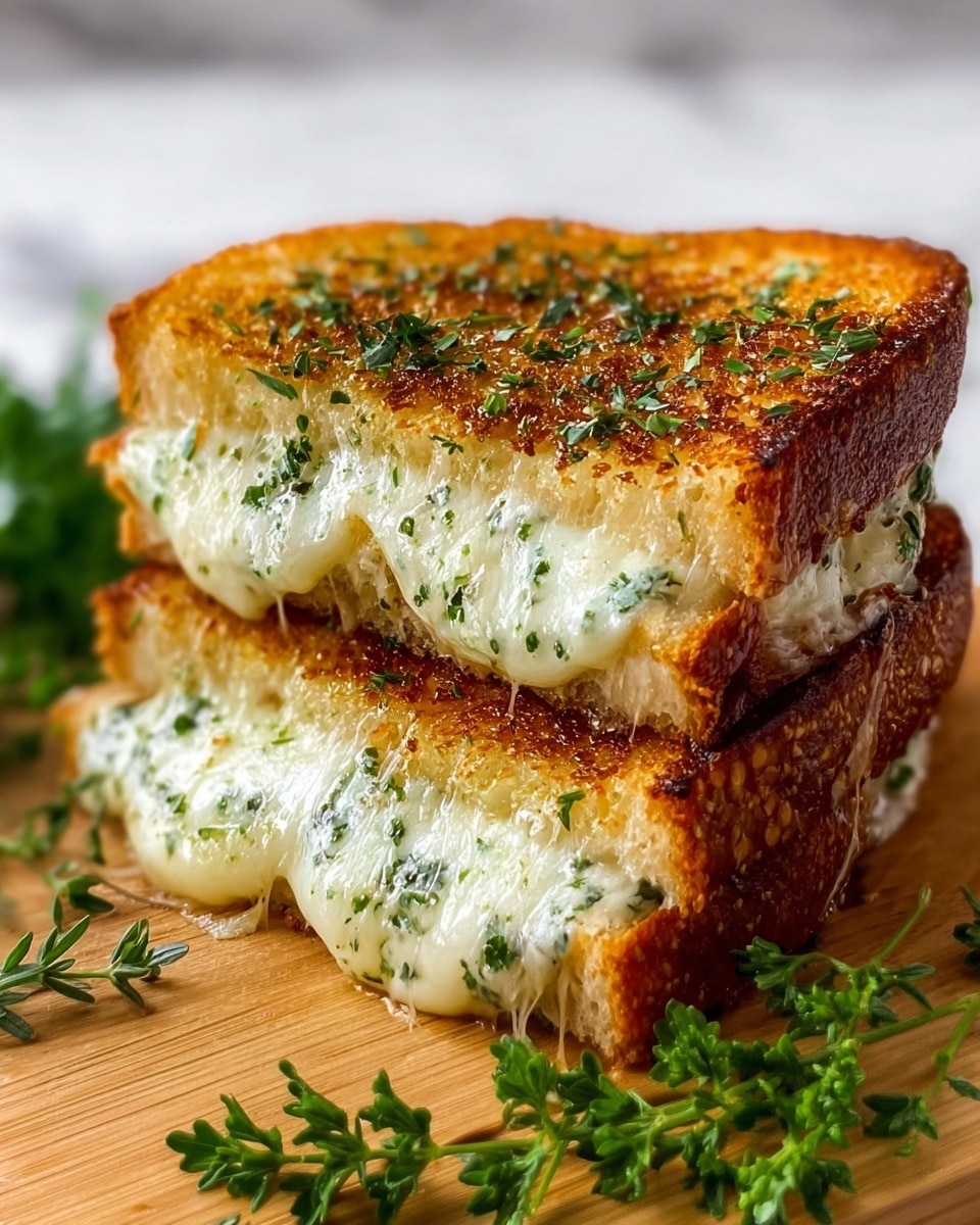 Two thick slices of golden brown grilled bread are stacked with gooey melted white cheese mixed with green herbs in between. The bread's surface looks crispy with darker toasted edges and sprinkled with finely chopped green herbs. The cheese inside is soft and stretchy with small bits of herbs visible, oozing slightly out from between the slices. The sandwich sits on a light wooden board with a few sprigs of fresh green herbs around it, all placed on a white marbled surface. photo taken with an iphone --ar 4:5 --v 7