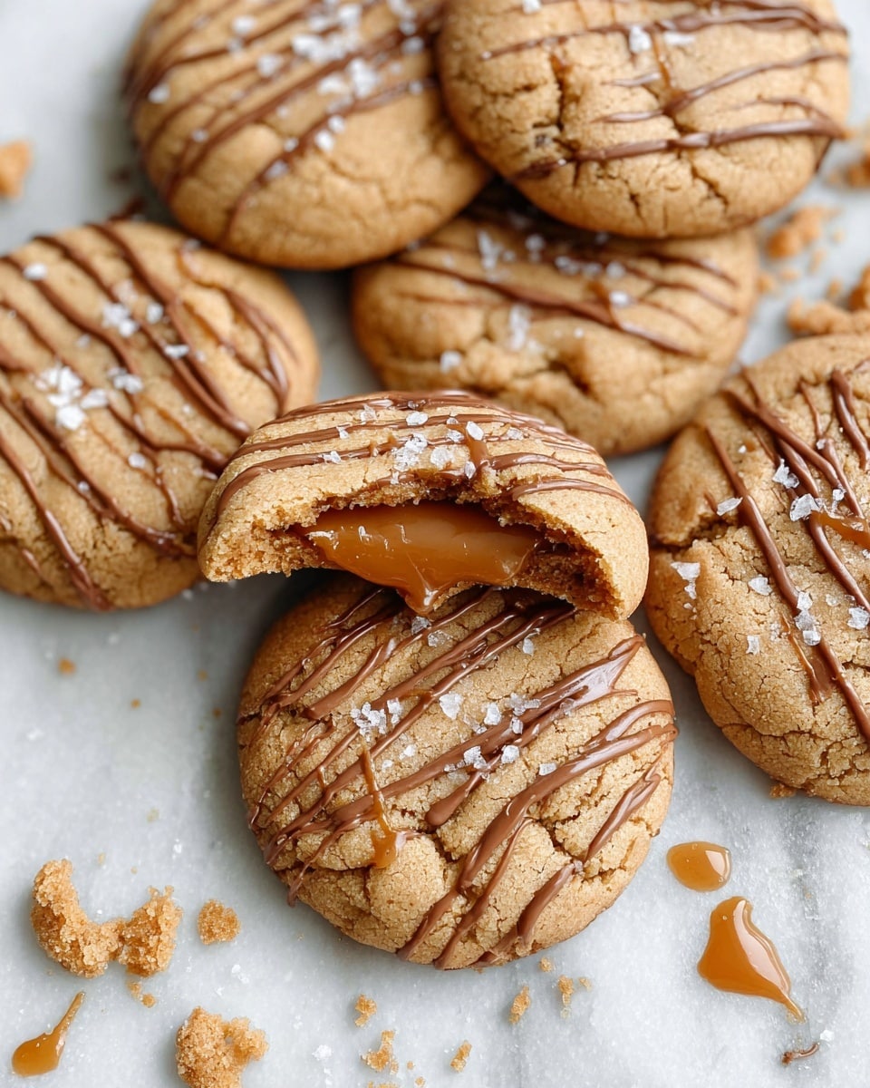 The image shows a group of soft, round cookies placed on a white marbled surface. The cookies are light brown with a slightly cracked texture on top, and each is drizzled with a milk chocolate glaze in thin, irregular lines. One cookie is broken in half and laid on top of another, revealing a gooey, melted chocolate center that is a rich caramel brown color. Small flakes of sea salt are scattered over the cookies, adding a touch of white contrast. There are around seven cookies clustered together, with crumbs scattered nearby, creating a cozy and inviting look. photo taken with an iphone --ar 4:5 --v 7