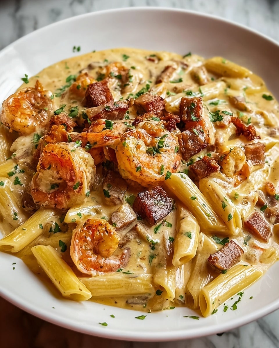 The dish is a creamy pasta served on a white plate, with three main layers visible: the penne pasta on the bottom that is pale yellow and smooth, a thick creamy sauce covering the pasta with a light beige color and a rich texture, and on top, browned shrimp that are curled and slightly translucent with a pink-orange hue along with cubes of browned meat that have a crispy exterior. The whole dish is garnished with small green herb pieces scattered around, and the creamy sauce glistens under the light. The plate sits on a white marbled surface. photo taken with an iphone --ar 4:5 --v 7