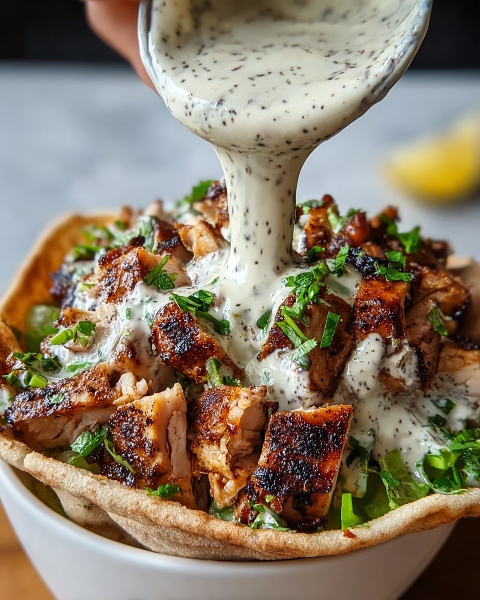 A close-up of a white bowl filled with layers of food starting with a soft, light-brown pita bread base holding thick pieces of grilled chicken with a dark char and crispy texture, some bits showing juicy white meat inside. Fresh green chopped herbs are sprinkled on top, adding a vibrant touch. A creamy white sauce with black specks is being poured over the chicken from above by a woman's hand, creating a smooth, flowing effect that covers parts of the dish. The bowl sits on a white marbled surface. photo taken with an iphone --ar 4:5 --v 7