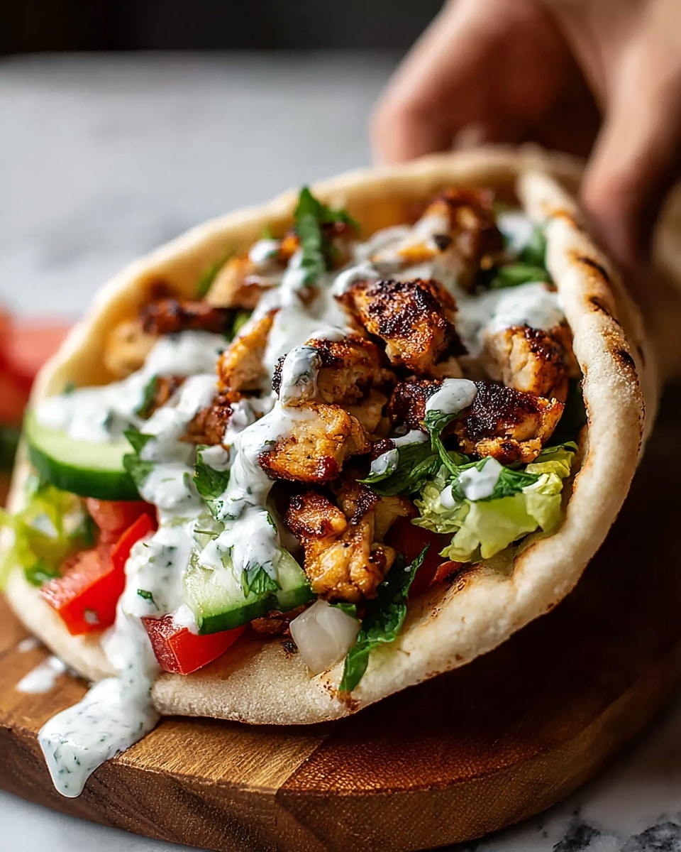 A close-up image of a pita wrap filled with well-grilled, golden-brown chicken pieces on top. Underneath the chicken, there is a mix of chopped fresh vegetables including green cucumber slices, bright red tomato pieces, and chopped green herbs. The wrap is lightly toasted and slightly puffy, holding all the ingredients together. A generous drizzle of white sauce with green herb flecks flows over the chicken, running down across the wooden board on which the wrap is placed. A woman's hand is seen in the background gently holding the pita. The scene is set on a white marbled surface. photo taken with an iphone --ar 4:5 --v 7