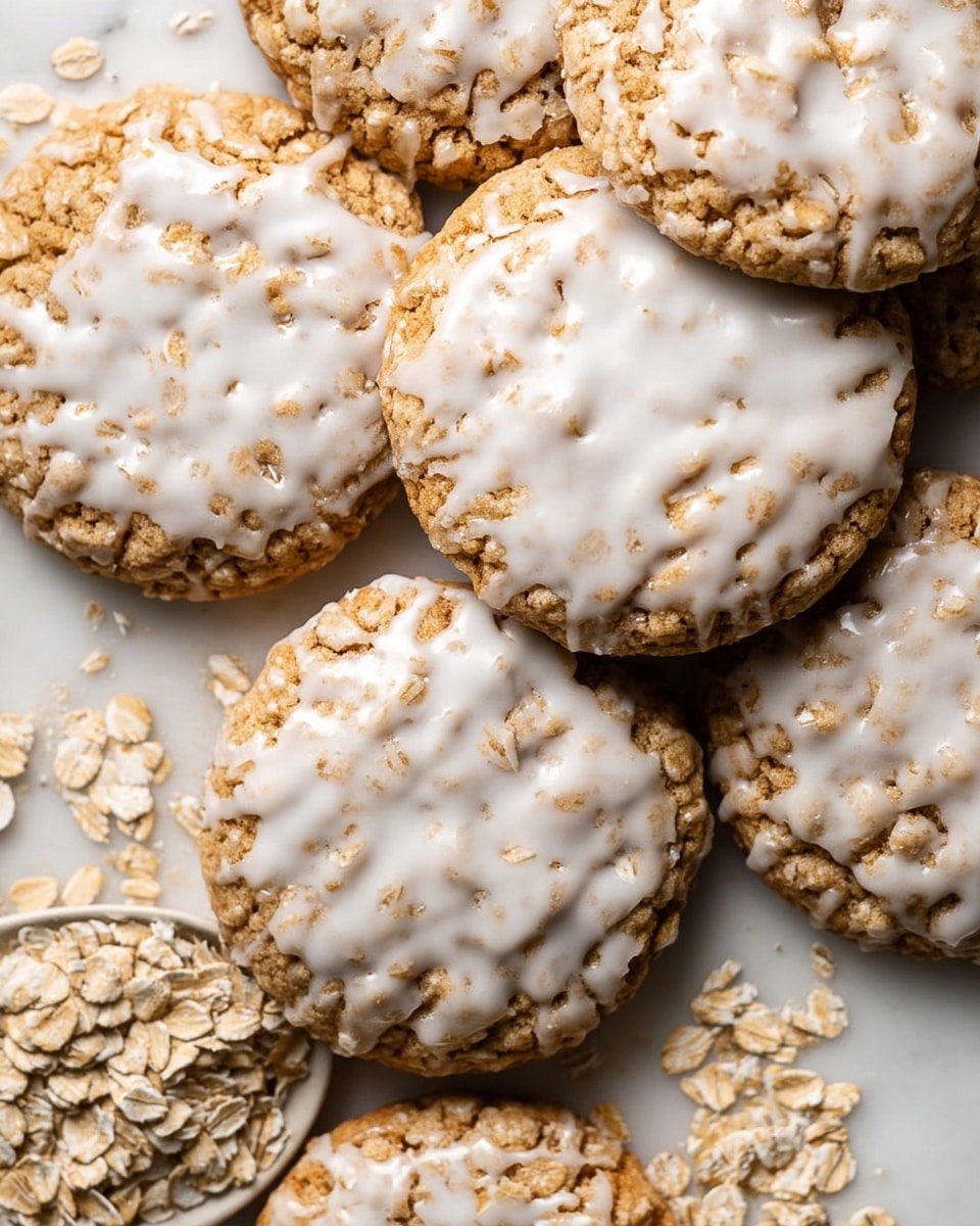 A close-up view of round oatmeal cookies topped with uneven white icing that covers most of their golden-brown textured surface, with visible oats and cracks peeking through. The cookies are placed on a white marbled surface, closely packed, some overlapping. In the lower part of the image, there is a white bowl filled with loose oatmeal flakes, with a few flakes scattered around. Photo taken with an iphone --ar 4:5 --v 7