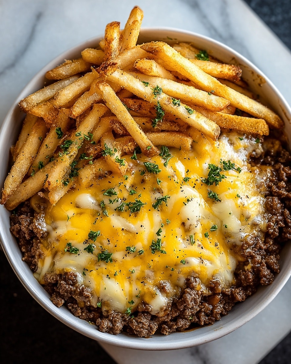 A round white bowl filled with three main layers: the bottom layer is covered by finely cooked ground beef in a dark brown color, the middle layer is melted yellow and white cheddar cheese spread thickly over the beef with small patches of brown and bubbly texture, and the top layer is crispy golden French fries arranged loosely over the cheese. The dish is garnished with small green parsley leaves scattered on top of the cheese and fries, and a light sprinkle of black pepper. The bowl sits on a surface with a white marbled texture. photo taken with an iphone --ar 4:5 --v 7