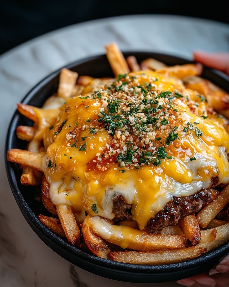 A black dish holds a layered meal starting with a base of golden, crispy French fries scattered unevenly around the edges. On top of the fries, there is a thick, juicy beef patty with a slightly charred texture. Above the patty is a layer of melted white cheese that seeps into the fries below. The top layer features a generous amount of bright orange, melted cheddar cheese that blankets the whole dish, sprinkled with finely chopped green herbs and coarse seasoning, adding contrast and texture. The dish sits on a white marbled surface, and a woman’s hand is seen holding the black dish on one side. photo taken with an iphone --ar 4:5 --v 7