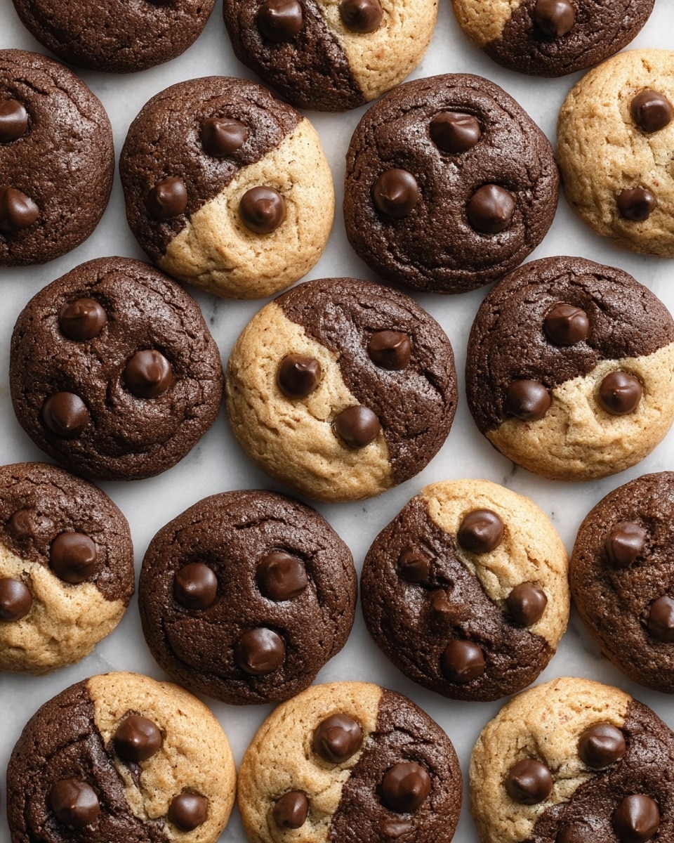 The image shows many round cookies with two colors in each—one side light brown with chocolate chips and the other side dark brown also with chocolate chips, creating a half-and-half pattern on each cookie. The cookies have a slightly cracked surface with smooth, glossy chocolate chips placed on top in small groups of one to three. They are placed closely together on a white marbled textured surface with visible baking paper beneath them. The arrangement is flat and fills the frame completely. Photo taken with an iphone --ar 4:5 --v 7