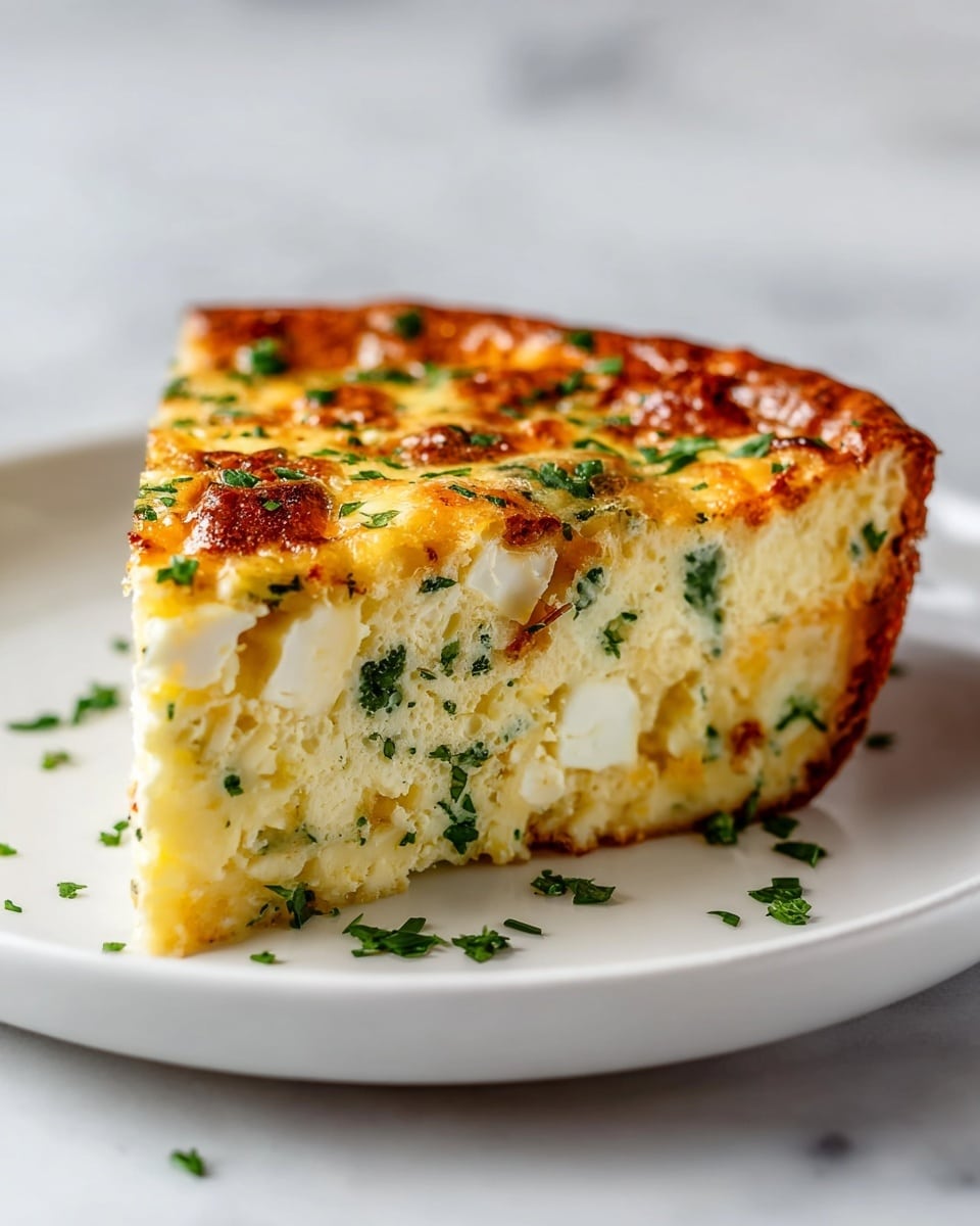A thick single slice of baked egg dish stands on a white plate against a white marbled background. The slice shows a golden-brown top layer with a slightly crispy look mixed with melted cheese bits and sprinkled with chopped green herbs. The middle layer is light yellow and creamy with visible chunks of white cheese and green leafy vegetables spread throughout, giving it a soft and fluffy texture. Small pieces of herbs are also scattered on the plate around the slice. Photo taken with an iphone --ar 4:5 --v 7