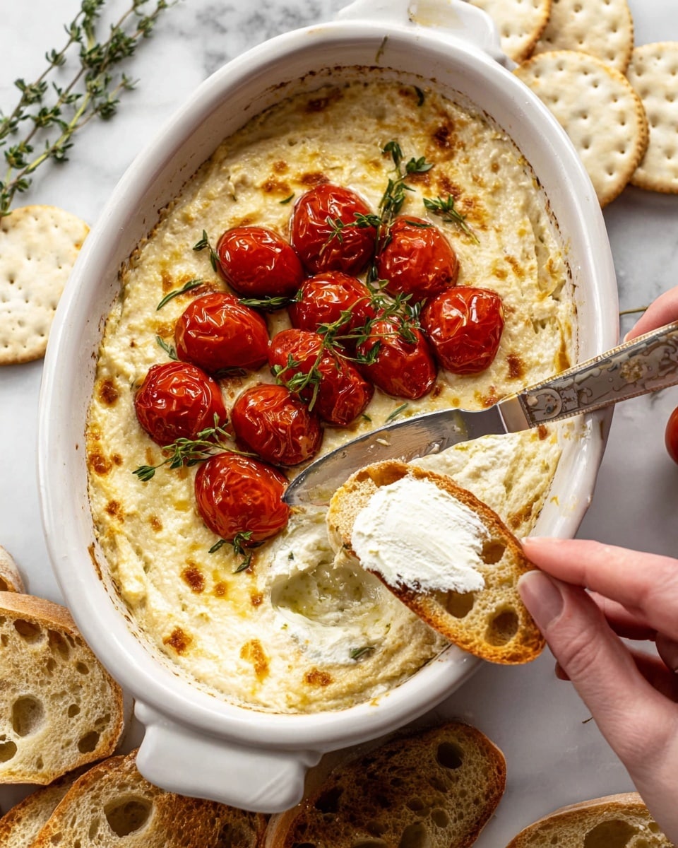 A white oval dish filled with a creamy baked cheese layer topped with a cluster of shiny, red roasted cherry tomatoes and sprigs of fresh green thyme placed in the center; the cheese layer has a golden-browned, slightly bubbly texture around the edges. In the foreground, a woman's hand holds a rustic slice of light brown bread with holes, while another woman's hand spreads a thick, smooth white cheese mixture onto the bread using a silver knife with floral detailing. Below the dish, on a white marbled texture, there are extra slices of the same bread and some round white crackers partially visible. Photo taken with an iphone --ar 4:5 --v 7