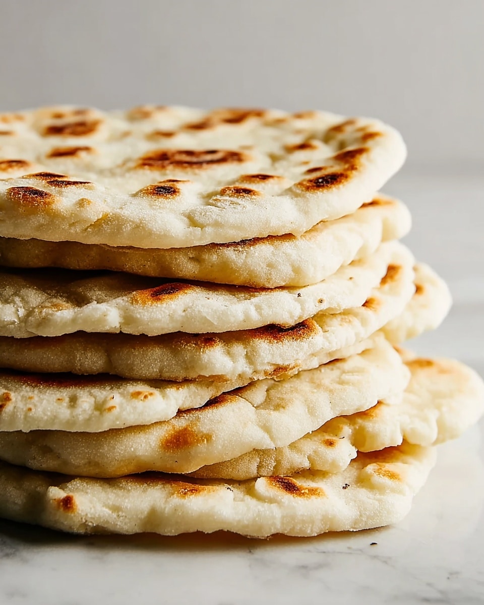 A close-up view of a stack of six soft, slightly fluffy flatbreads with light golden-brown spots on their tops. Each flatbread layer has a pale cream color with some textures and small bubbles giving a freshly cooked look. The flatbreads are stacked unevenly on a white marbled surface, showing the edges and the slightly raised areas from the cooking process. The background is simple and light, drawing attention to the warm tones and textures of the flatbreads. photo taken with an iphone --ar 4:5 --v 7
