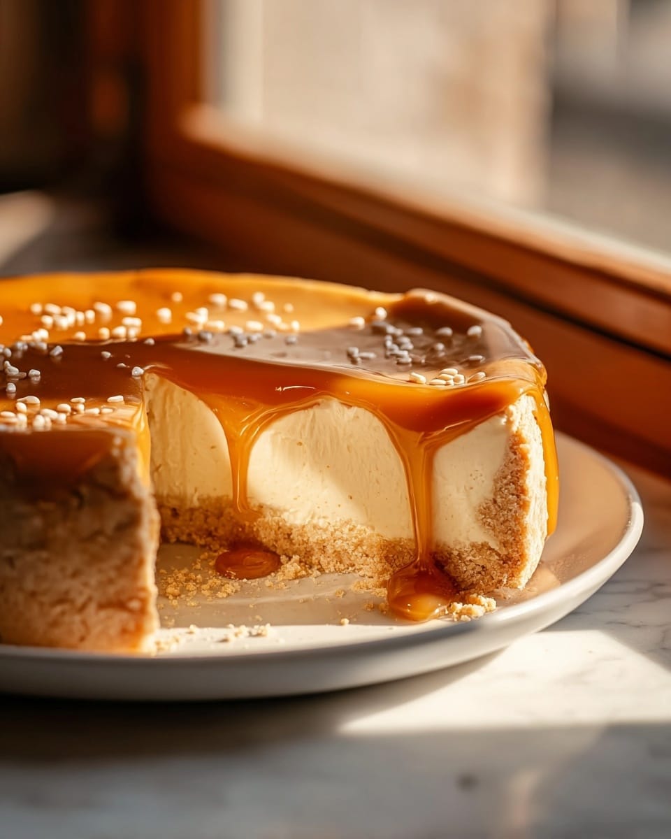 A slice of creamy cheesecake with a smooth light beige filling sits on a white plate. The cheesecake has a firm light brown crust at the base and a thicker, golden brown edge crust. On top, there is a glossy golden caramel sauce dripping slightly down the side and pooling on the plate, topped with small sesame seeds scattered around. Behind the slice, the rest of the cheesecake is visible with one slice missing, showing the same creamy filling with caramel and sesame on top. The scene is set on a wooden table near a window but the background is replaced with a white marbled texture. photo taken with an iphone --ar 4:5 --v 7