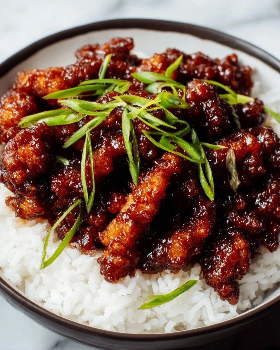 A deep bowl with white rice forms the bottom layer, soft and grainy in texture, covering the base fully. On top is a generous layer of dark brown glazed chicken pieces,sticky and slightly shiny, showing a crispy texture from frying. Scattered across the chicken are fresh green onion slices, bright and crisp, adding color contrast and freshness. The dish is in a close-up view, with the gloss of the sauce catching the light and making the chicken look rich and flavorful, all set on a white marbled surface photo taken with an iphone --ar 4:5 --v 7