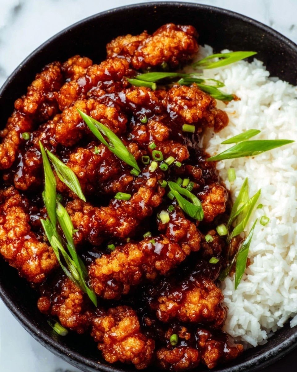 A close-up view of a black bowl filled with white rice on one side and crispy, golden brown fried chicken pieces coated in a shiny, dark reddish-brown sauce on the other side, garnished with bright green sliced scallions scattered on top. The bowl is set on a white marbled texture surface, highlighting the rich colors and glossy texture of the food. Photo taken with an iphone --ar 4:5 --v 7