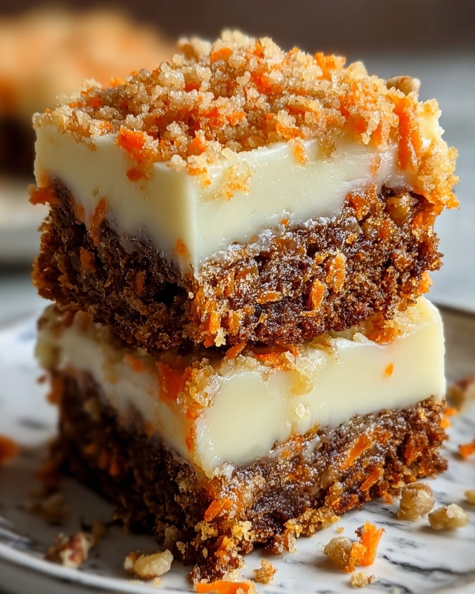 Two stacked square pieces of carrot cake with cream cheese frosting are shown on a white plate over a white marbled surface. The bottom layer is a dark brown carrot cake with visible grated orange carrot bits and small walnut pieces, having a moist and dense texture. The middle layer is thick and creamy white cream cheese frosting, smooth and rich. The top layer repeats the carrot cake base with crumbly orange carrot pieces and brown sugar sprinkled on top, creating a slightly crunchy texture. Photo taken with an iphone --ar 4:5 --v 7