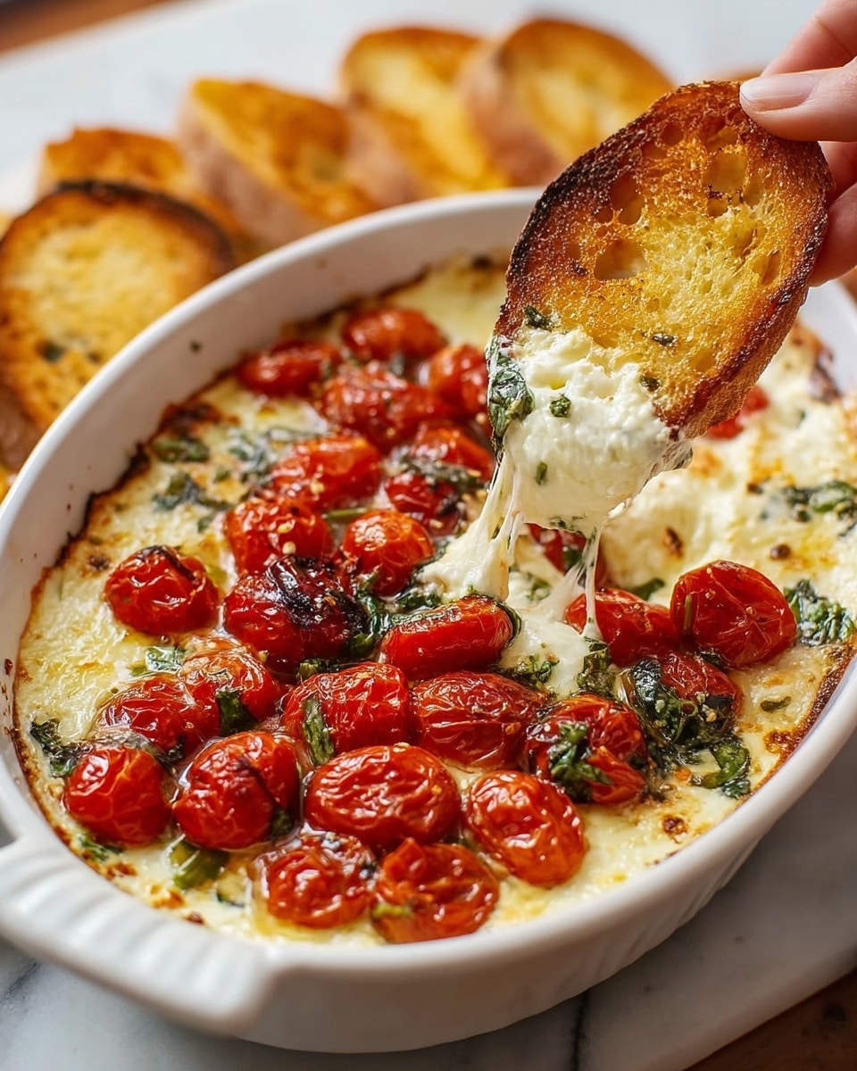 The image shows a white oval dish filled with melted, creamy white cheese at the bottom, topped with a layer of bright red roasted cherry tomatoes that are slightly charred. Green herbs, likely basil or spinach, are scattered on top adding fresh color. A woman's hand holds a toasted slice of bread, golden brown with a crispy texture, dipping into the gooey cheese and lifting it, showing the cheese stretching in strings. The dish is placed on a white marbled surface with more toasted bread slices blurred in the background. Photo taken with an iphone --ar 4:5 --v 7