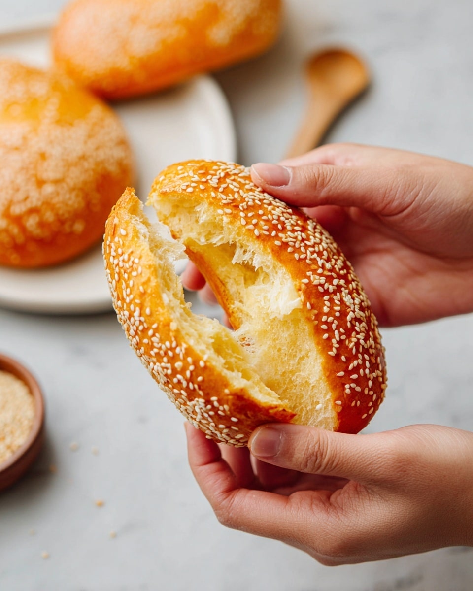 A close-up image of a woman's hands gently holding a sesame-covered bread piece that is broken open to show its fluffy, light yellow inside with soft, stringy texture. The bread is oval-shaped with a golden brown crust dotted evenly with white sesame seeds. In the blurred background, there is a white plate holding additional pieces of the same bread and a small bowl containing some grains with a wooden spoon on a white marbled surface. photo taken with an iphone --ar 4:5 --v 7