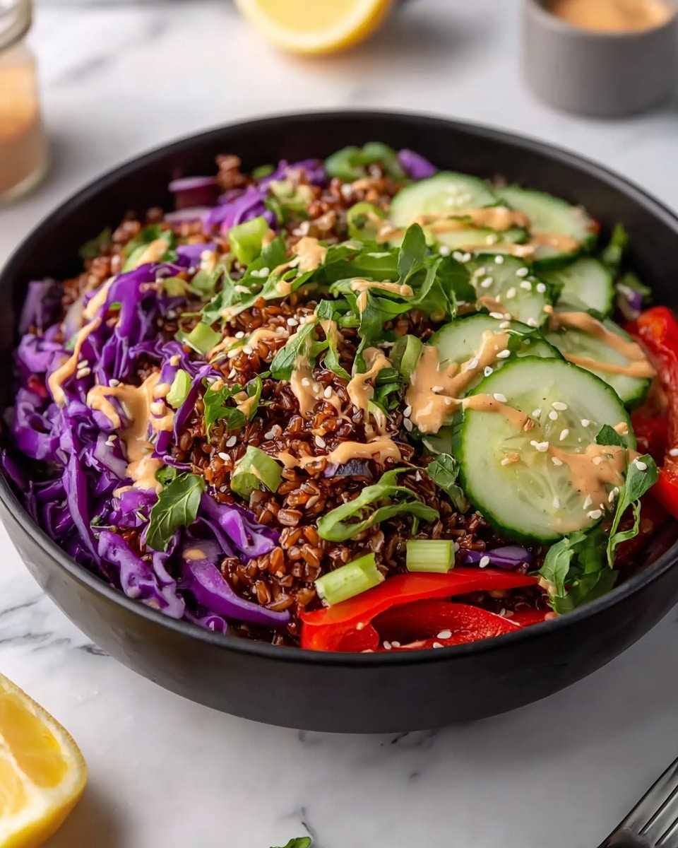 A black bowl filled with a fresh salad consisting of dark brown crispy grains at the base, layered with bright purple cabbage strips, thin red bell pepper slices, and fresh green chopped celery pieces. On top, there are light green cucumber slices with seeds visible, scattered green leafy herbs, and a drizzle of creamy light brown sauce. The dish is sprinkled with small white sesame seeds throughout. The bowl sits on a white marbled surface with blurred elements of a lemon half and a small container in the background. Photo taken with an iphone --ar 4:5 --v 7