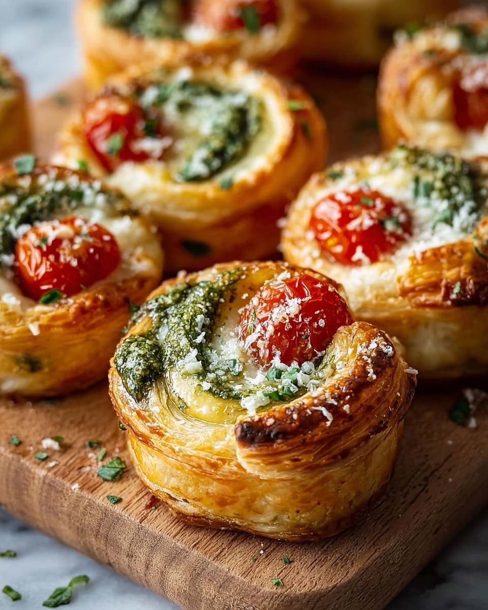 The image shows several small, round puff pastry tarts arranged closely on a wooden board set on a white marbled surface. Each tart has about three crisp, golden-brown, flaky layers forming the base and sides. Inside the tarts, visible layers include a glossy, slightly melted white cheese layer and dollops of green pesto sauce with a coarse texture, spread on top. Bright red half cherry tomatoes with a shiny, soft texture rest on the edges of some tarts. The pastries are sprinkled with finely grated white cheese and small pieces of fresh green herbs scattered on and around them. The image is focused sharply on the nearest tarts, with the background tarts softly blurred. Photo taken with an iphone --ar 4:5 --v 7