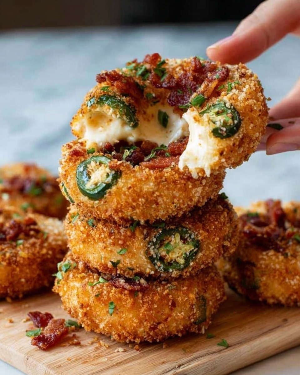 The image shows a stack of round, golden brown fried rings with a crunchy breadcrumb coating. Each ring is studded with slices of green jalapeño peppers on the surface. The top ring is broken open, revealing a gooey and melted white cheese inside. Small bits of crispy bacon and green herbs are scattered on the rings, adding texture and color contrast. The rings sit on a light wooden board with a white marbled surface in the background, and a woman's hand is reaching toward the stack. Photo taken with an iphone --ar 4:5 --v 7