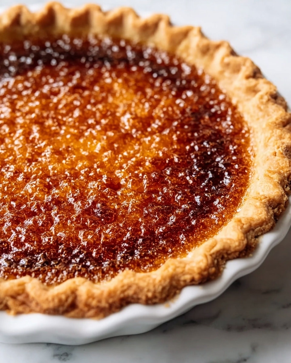 A close-up image of a pie with a single thick layer of dark golden-brown caramelized sugar topping that looks slightly uneven and bubbly. The pie crust forms a deep edge, light brown and flaky with crimped ridges all around its circular shape, holding the glossy, textured topping inside. The pie is placed in a white pie dish on a white marbled surface, showing the contrast between the rich topping and the light crust. Photo taken with an iphone --ar 4:5 --v 7