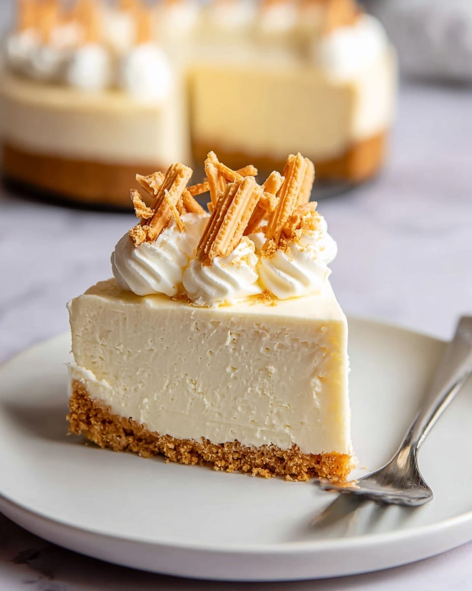 A slice of cheesecake is placed on a white plate with a silver fork resting next to it. The cheesecake has two layers: a thicker, creamy off-white layer on top with a smooth but slightly textured surface, and a thin, golden-brown crumbly crust at the bottom. On top of the cheesecake slice, there are five evenly spaced dollops of white whipped cream, each topped with thin, crispy, light brown sticks arranged in a small pile. The background features a white marbled surface, with the whole cheesecake slightly blurred in the distance. Photo taken with an iphone --ar 4:5 --v 7