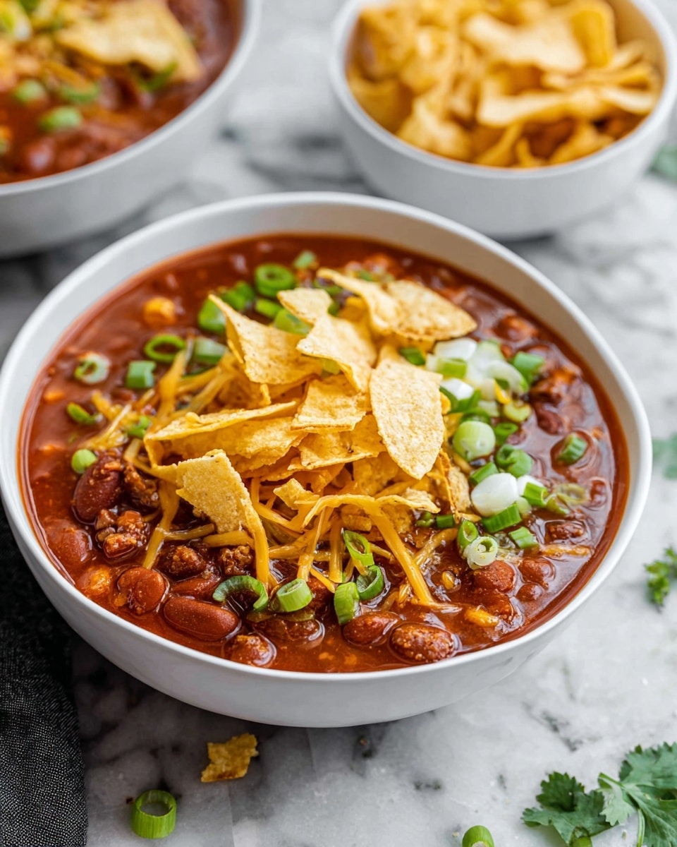 A white bowl filled with thick red chili as the base layer, visible chunks of beans and small pieces of browned meat mixed throughout, topped with a generous layer of shredded orange cheese. On top, a pile of golden corn chips creates a crunchy texture, garnished with scattered sliced green onions adding fresh green and white accents. The bowl sits on a white marbled surface with scattered green onion slices and leafy cilantro pieces around it. In the background, a smaller white bowl holds more golden corn chips, slightly out of focus. Photo taken with an iphone --ar 4:5 --v 7
