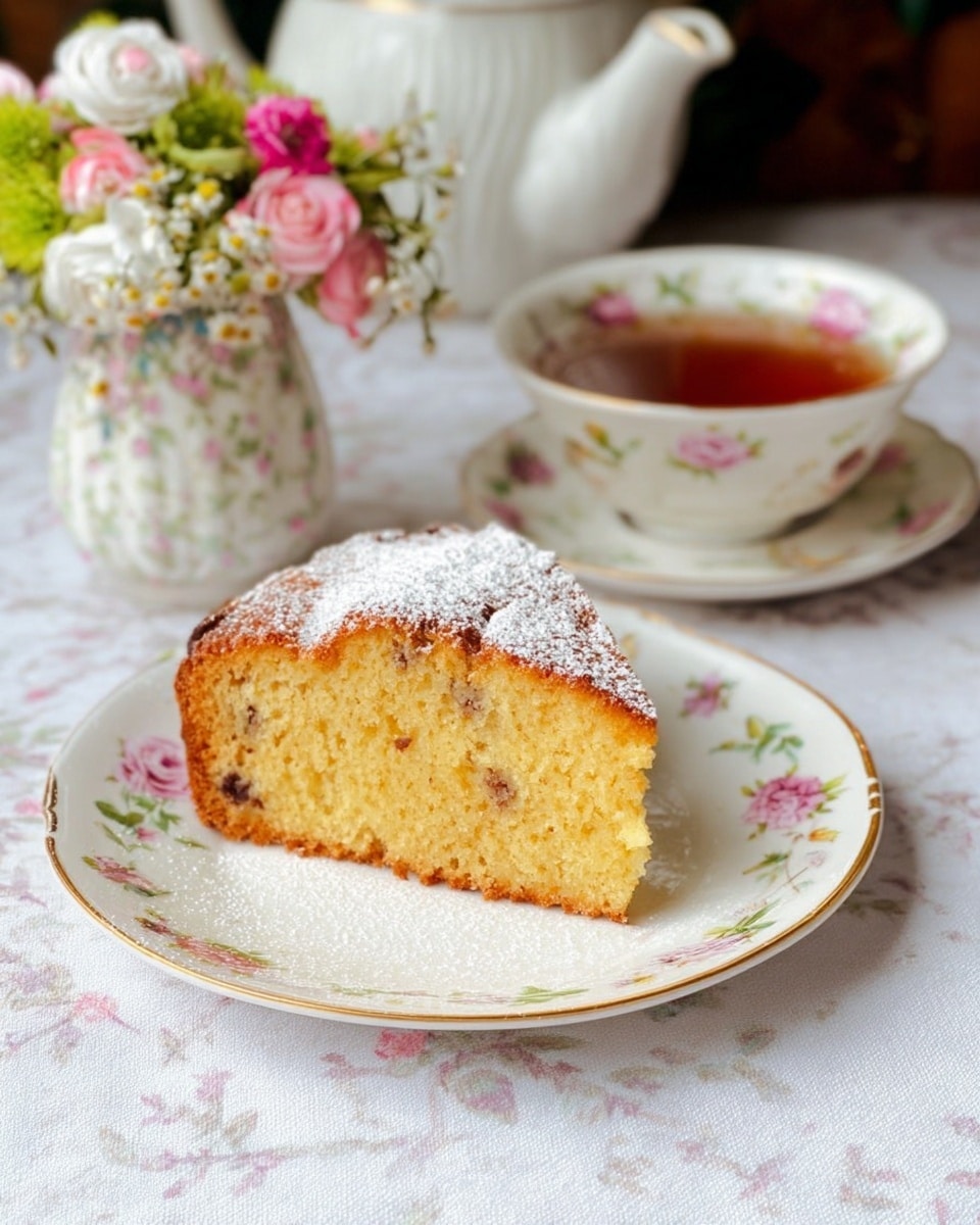 A thick slice of golden brown cake with small dark spots, likely chocolate chips, dusted lightly with white powdered sugar on top sits centered on a white plate decorated with delicate pink and green floral patterns and a thin gold rim. The cake looks soft and moist with a slightly crumbly texture on the edges. Behind the plate, there is a white teacup filled with dark tea, also featuring a floral design in pink and green, resting on a matching saucer. To the left, a small vase with a mix of light pink, bright pink, white, and green flowers adds a fresh, colorful touch. Everything is placed on a white marbled surface with a white floral tablecloth visible underneath. Photo taken with an iphone --ar 4:5 --v 7
