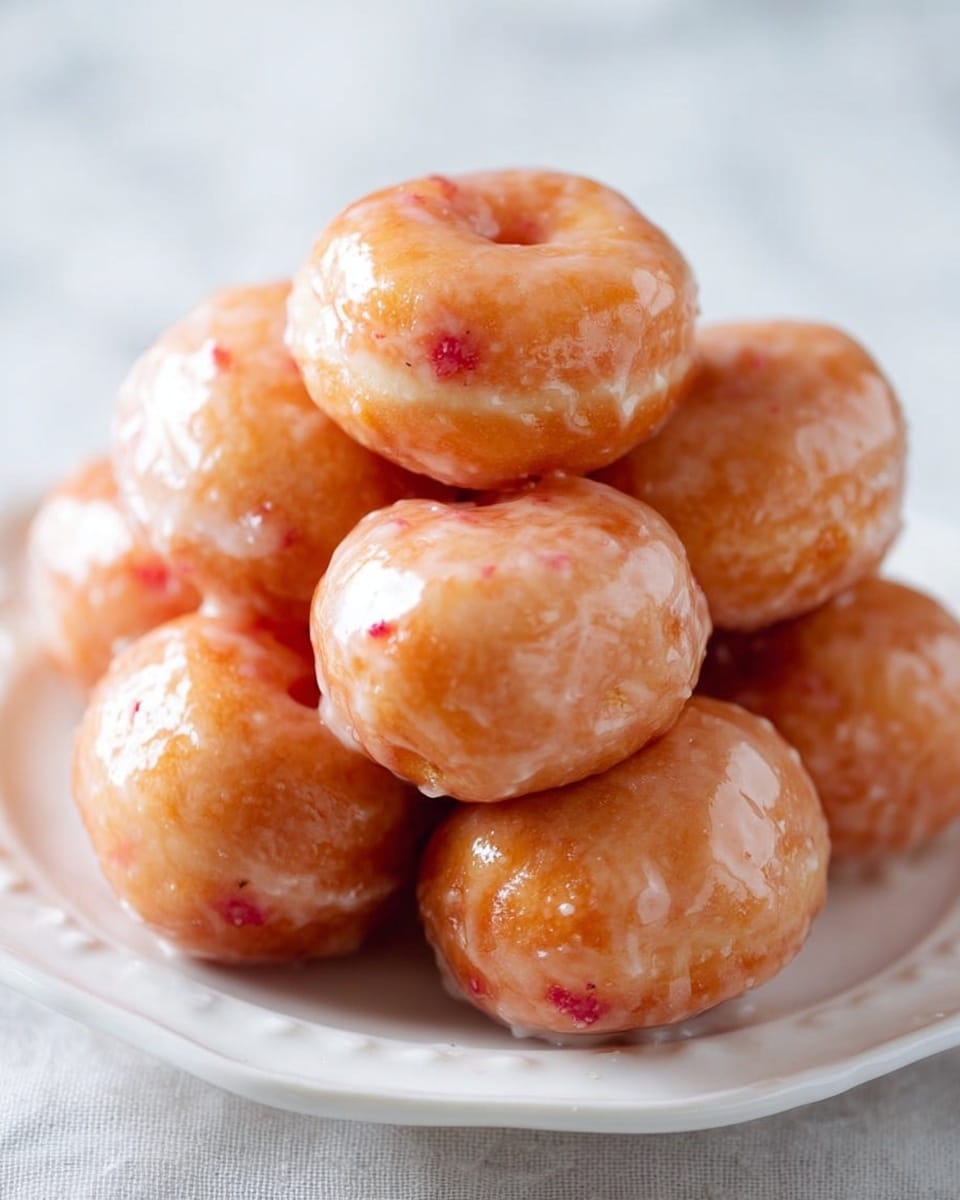 A close-up image showing a stack of seven shiny glazed doughnut holes on a white plate with a light texture. The doughnut holes are golden brown with a smooth, shiny glaze that has small bits of red fruit embedded within. They are piled unevenly, creating depth and highlighting their round shape and glossy surface. The plate sits on a white marbled texture, giving a clean and light background. photo taken with an iphone --ar 4:5 --v 7