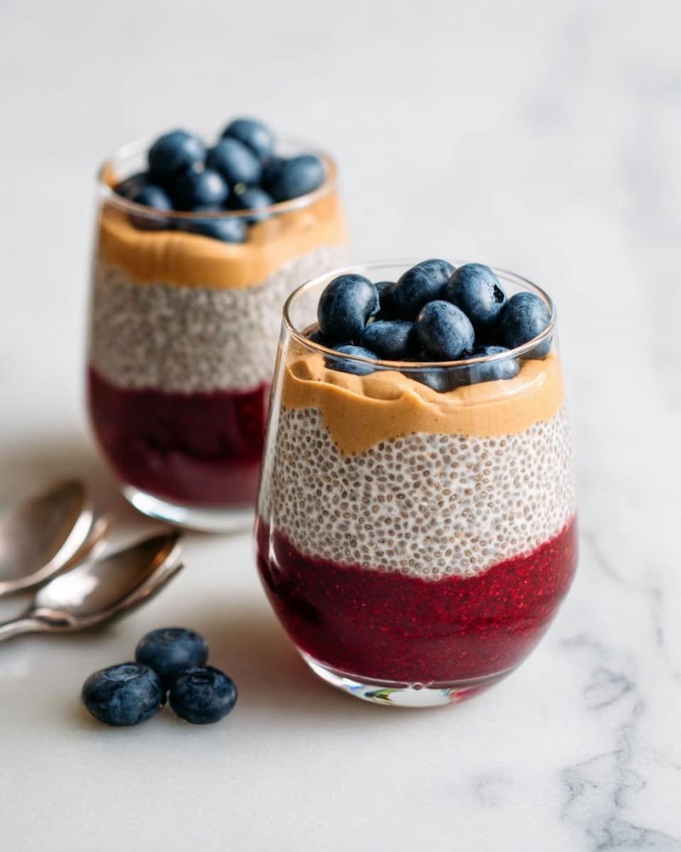 Two clear glasses sit on a white marbled surface, each with three distinct layers: the bottom layer is a deep red jelly or berry compote, the middle layer is a light beige chia pudding with visible tiny seeds, and the top layer is a creamy peanut butter dollop partially covered with fresh dark blue blueberries. The rich color contrast between the red, beige, and blue layers stands out clearly. A spoon lies behind the glasses on the white marbled surface, and three blueberries rest beside the left glass. photo taken with an iphone --ar 4:5 --v 7