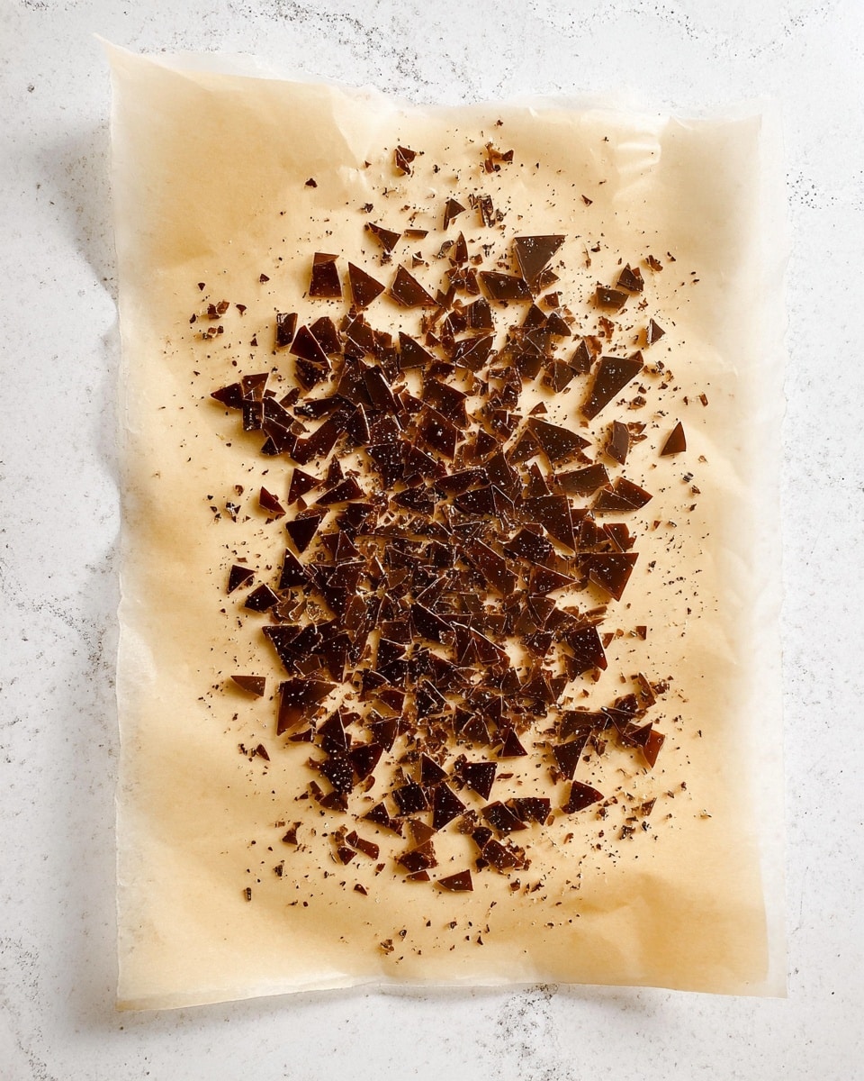 A sheet of light beige parchment paper lies flat on a white marbled surface, covered with small and large broken pieces of shiny, dark brown brittle candy scattered unevenly across the center. The candy pieces have sharp edges and varied sizes, creating a textured mosaic on the smooth parchment, with some tiny crumbs sprinkled around the edges. photo taken with an iphone --ar 4:5 --v 7