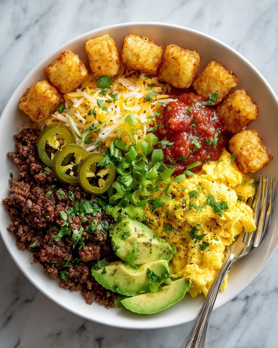 A white bowl filled with six layers starting from crispy golden brown tater tots forming a ring along the edge, then a layer of shredded yellow and white cheese mixed with sliced jalapeños on the left side. Next to it, a layer of dark brown cooked ground beef topped with chopped green onions and cilantro. In the center, sliced bright green avocado and chunks of avocado with sprinkled chopped herbs. On the right side, a layer of red chunky salsa with bits of green herbs, and beside it, fluffy yellow scrambled eggs sprinkled with black pepper and chopped green cilantro. The bowl sits on a white marbled surface with a silver fork to the right of it. Photo taken with an iphone --ar 4:5 --v 7