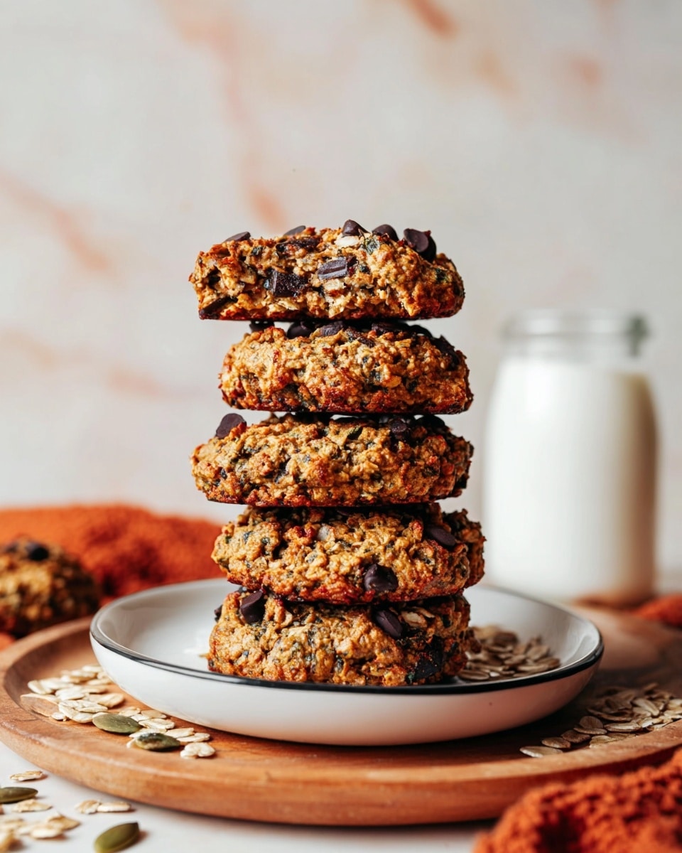A stack of five thick cookies sits on a white plate with a thin black rim, each cookie showing a rough texture with visible seeds, grains, and dark chocolate chips embedded throughout, giving a mix of light brown, black, and dark brown colors. The cookies have a chunky and uneven surface, making them look homemade. The plate rests on a wooden board, with some scattered seeds and grains at the base. In the background, a blurred white bottle of milk is visible, and to the side, a textured orange cloth peeks into the frame. The whole scene is set on a white marbled texture surface. Photo taken with an iphone --ar 4:5 --v 7