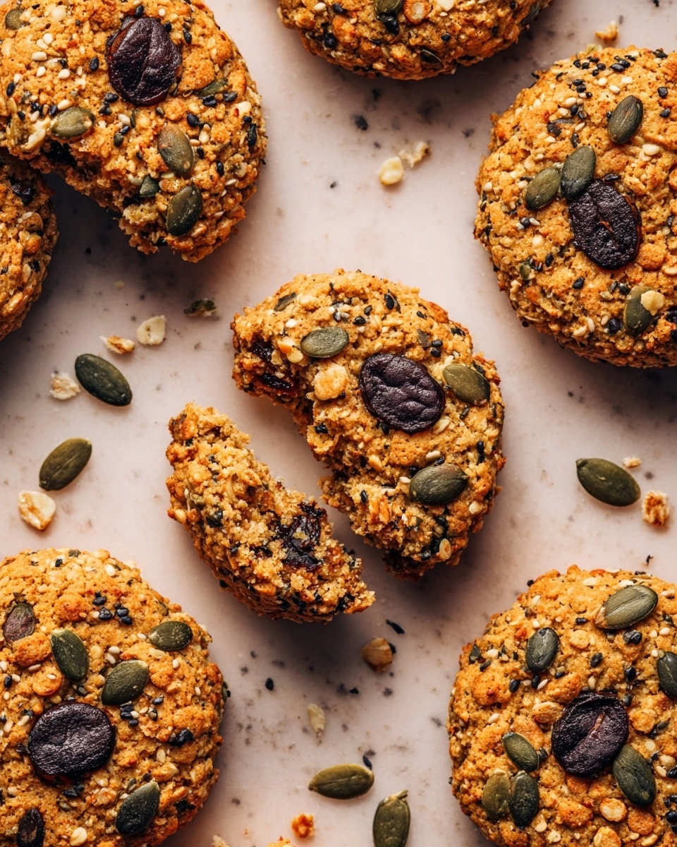 The image shows several round, thick cookies on a white marbled background, each cookie filled with a bumpy mix of various seeds and nuts visible as an uneven textured surface mainly in light brown and golden hues. Dark brown olives or similar round items are embedded on top and inside the cookies, giving dark spots evenly spread across the cookies. Small black and white seeds, as well as green pumpkin seeds, are scattered on and around the cookies, adding contrast and detail. One cookie is broken in half revealing a dense, seed-filled inside matching the rough, layered outer look with crunchy textures. Photo taken with an iphone --ar 4:5 --v 7