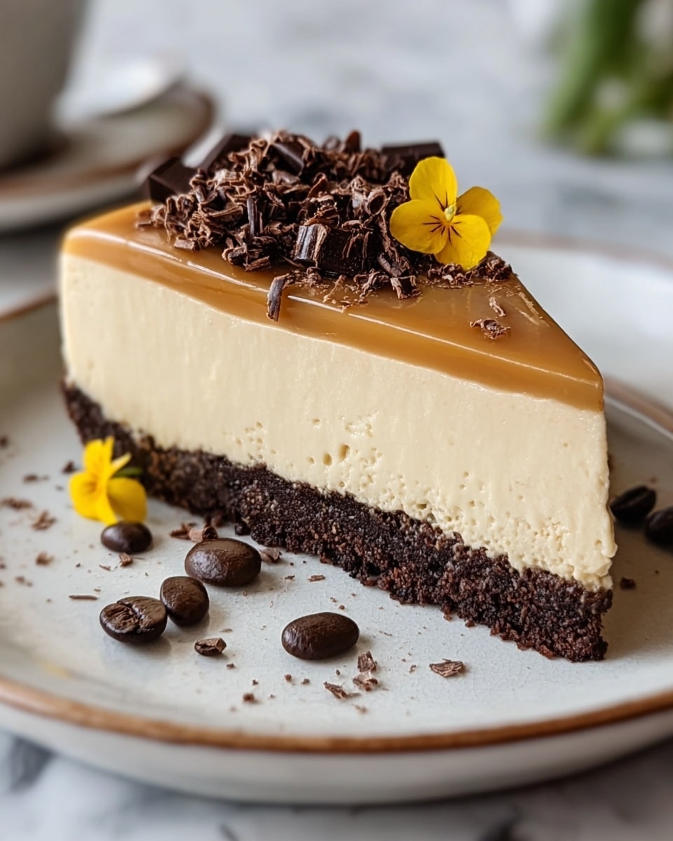A slice of cheesecake is shown with three layers on a white plate. The bottom layer is dark brown and crumbly, the middle layer is thick, creamy, and light beige. The top layer is smooth and shiny with a caramel color. On top, there are small dark chocolate curls scattered along with a yellow flower petal. Around the plate, there are a few coffee beans and chocolate pieces scattered. The background is a white marbled texture. Photo taken with an iphone --ar 4:5 --v 7