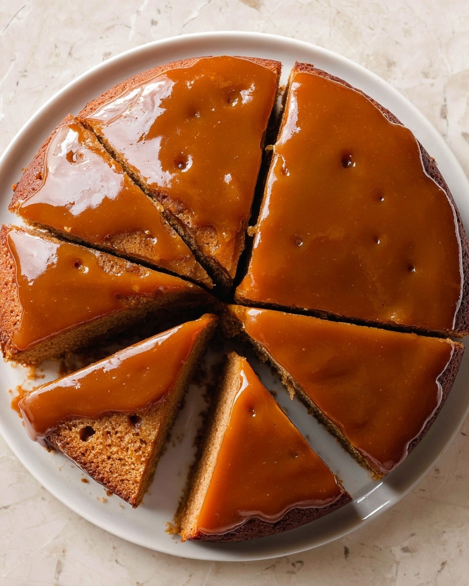 A round brown cake with a smooth, glossy caramel-colored glaze covering the top and sides, sliced into six triangular pieces with one piece slightly pulled out, revealing a moist, soft, and spongy light brown interior with small air holes, all placed on a white plate set on a white marbled textured surface, photo taken with an iphone --ar 4:5 --v 7