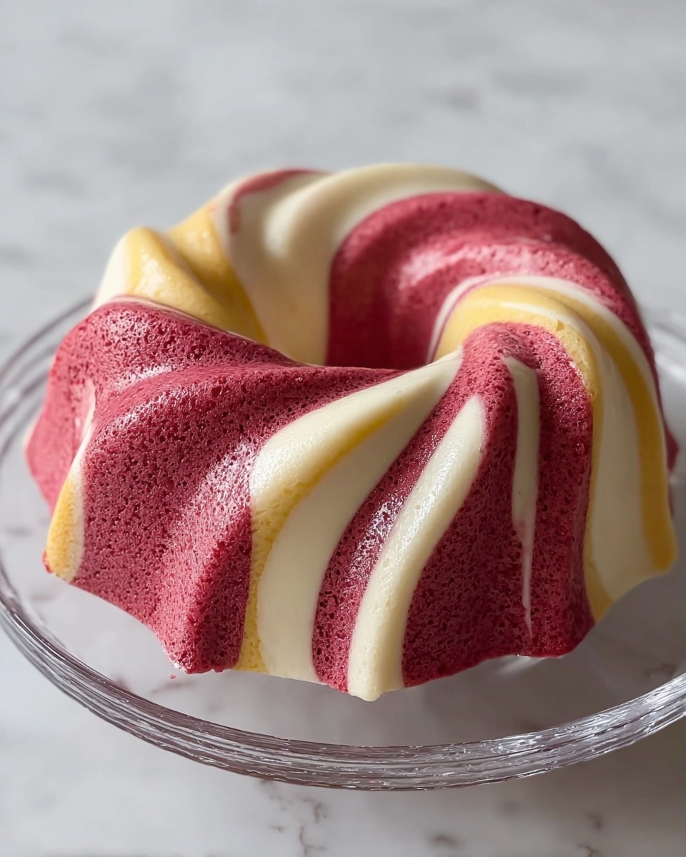 The image shows a bundt cake with three swirling layers of color and texture. The first layer is a deep pinkish-red with a smooth but slightly porous surface, forming the base and much of the outer design. The second layer is creamy white, intertwined with the first layer, creating smooth, wavy stripes that give the cake a flowing look. The third layer is a light yellow, also mixed with the white and pink layers, adding brightness and a soft touch to the marbled effect. The cake sits on a clear glass plate placed on a white marbled surface. The lighting highlights the smooth curves and soft texture of the cake. photo taken with an iphone --ar 4:5 --v 7