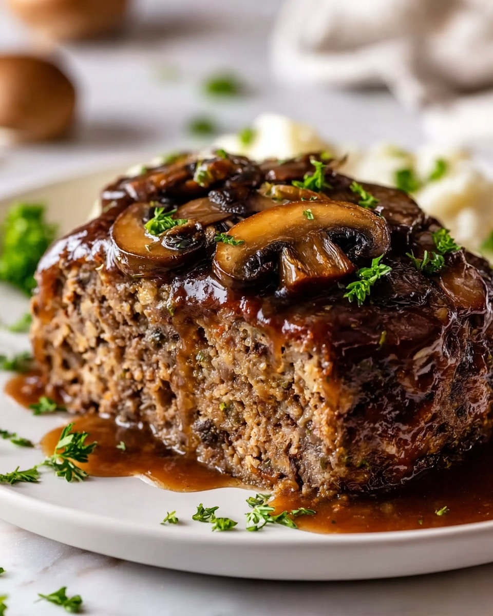 A thick, round slice of meatloaf with a coarse, textured brown inside sits on a white plate, topped with a shiny, dark brown mushroom gravy that drips down the sides. On top, several cooked mushroom slices are visible, coated with the gravy, and small green parsley leaves are scattered on the meatloaf and around the plate. The background shows a soft white marbled texture with out-of-focus objects. photo taken with an iphone --ar 4:5 --v 7