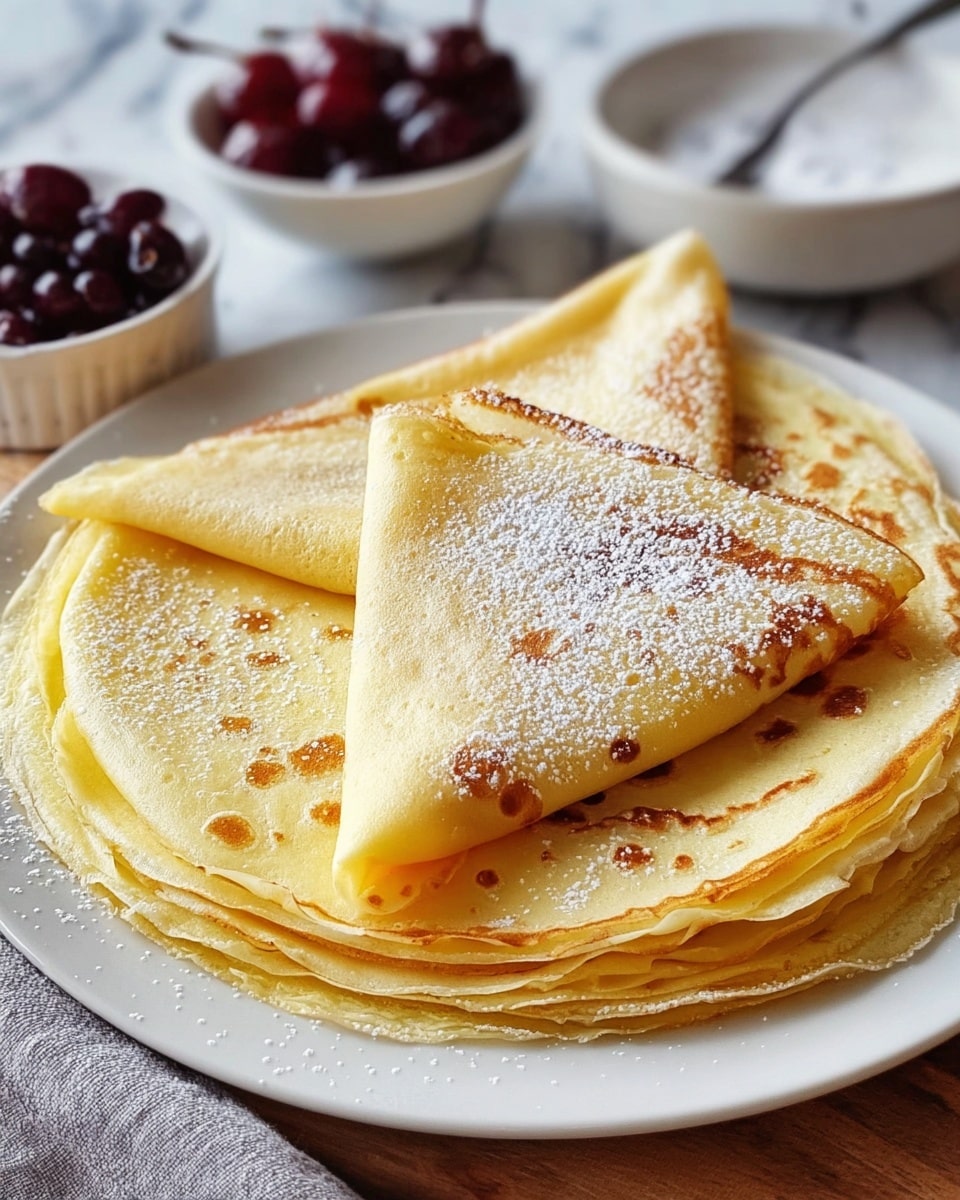A stack of thin yellow crepes with golden brown spots is neatly piled on a white plate. Two crepes on top are folded into triangles and dusted lightly with white powdered sugar. The crepes have soft, smooth textures and slightly crisp edges. In the background, there are small white bowls containing dark red cherries, all set on a white marbled texture. photo taken with an iphone --ar 4:5 --v 7