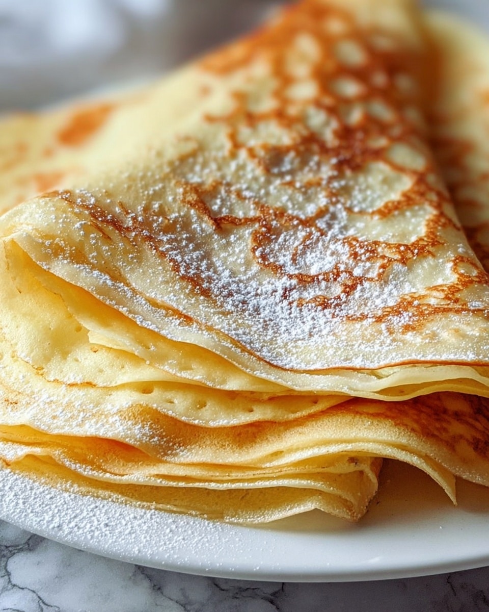 A close-up view of a stack of thin crepes on a white plate, each crepe folded in half showing light golden brown spots mixed with creamy yellow parts, soft and slightly bubbled texture. The crepes have a fine dusting of white powdered sugar on the top layer, adding a hint of contrast to the warm golden hues. The edges of the crepes are delicate and slightly curled, revealing several layers stacked neatly on top of each other. The background is a soft white marbled texture. Photo taken with an iphone --ar 4:5 --v 7