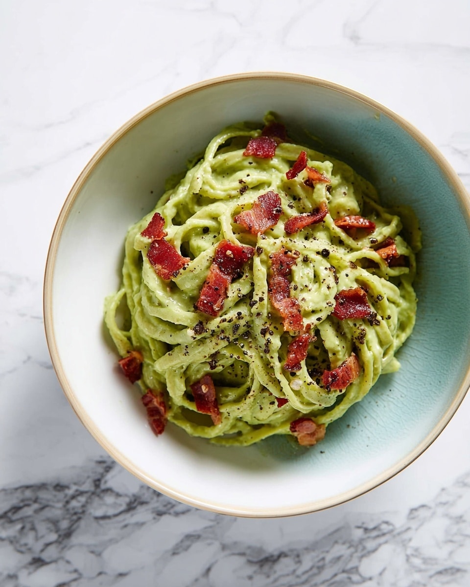 A close-up of a bowl of creamy green pasta covered with small pieces of crispy bacon scattered on top. The pasta has long, smooth strands coated in a light, thick green sauce mixed well, with black pepper flakes sprinkled evenly over the dish. The bowl is white with a faint marbled texture around the edges. The background has a soft, white marbled texture. photo taken with an iphone --ar 4:5 --v 7