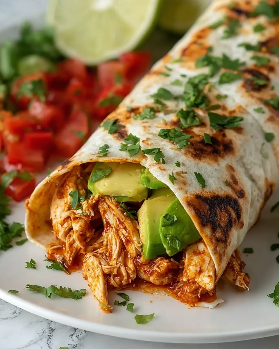 A close-up of a grilled tortilla wrap filled with shredded chicken in reddish sauce and slices of green avocado, garnished on top with small pieces of fresh chopped cilantro. The wrap shows toasted spots with a slightly charred texture and is placed on a white plate. To the right side of the wrap, there is a garnish of diced red tomatoes and chopped cilantro, along with a partially visible wedge of lime. The background features a white marbled texture with blurred fresh vegetables. Photo taken with an iphone --ar 4:5 --v 7