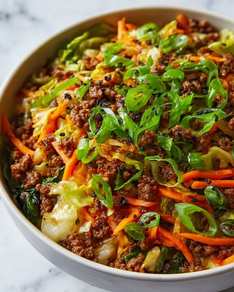 A close-up view of a cooked dish in a white bowl filled with three main layers: the base layer has brown cooked ground meat, the middle layer has bright orange carrot strips mixed with light green soft cabbage pieces, and the top layer is sprinkled with fresh chopped dark green scallions and small black sesame seeds, all sitting on a white marbled surface. photo taken with an iphone --ar 4:5 --v 7