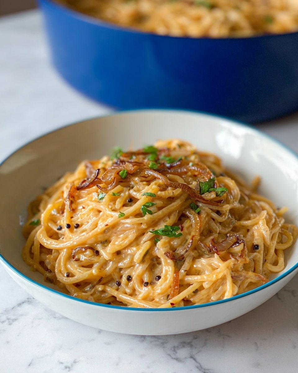 A white bowl with a thin blue rim holds a serving of spaghetti coated in a creamy, light orange sauce. The pasta is mixed with caramelized translucent onion pieces and small sprigs of fresh green herbs scattered on top. Black peppercorns are also visible, adding small black accents across the dish. In the background, a blue pot filled with the same pasta is slightly out of focus, all set on a white marbled surface. The dish looks warm and comforting, with the sauce clinging smoothly to the noodles. photo taken with an iphone --ar 4:5 --v 7