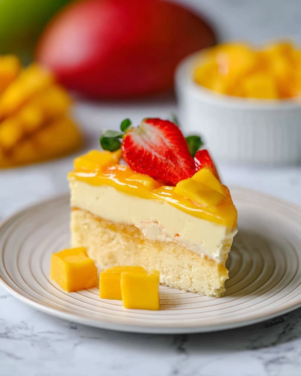 The image shows a single slice of a three-layer dessert on a white plate with subtle ridges. The bottom layer is a moist, light yellow cake. The middle layer is creamy and pale yellow, smooth in texture. The top layer is a glossy, bright yellow mango topping with several mango chunks scattered on and around the dessert. A halved red strawberry with visible seeds is placed on top. The plate is set on a white marbled surface with out-of-focus whole mangoes, a red strawberry, and a white bowl of mango chunks in the background. Photo taken with an iphone --ar 4:5 --v 7